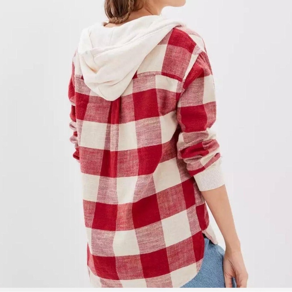 American Eagle Red White Plaid Hooded Button Down Shirt XS Cotton Check Flannel - Picture 5 of 6